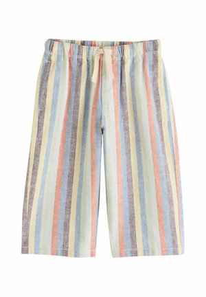 Bomuldsshorts med elastik i taljen og snøre, med lodrette striber i pastelfarver som blå, orange, gul og beige.