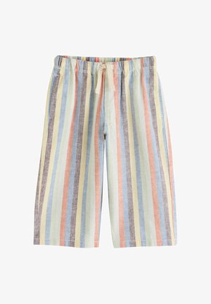 Bawełniane szorty z elastycznym paskiem i sznurkiem do regulacji, ozdobione pionowymi paskami w pastelowych kolorach: niebieskim, pomarańczowym, żółtym i beżowym.