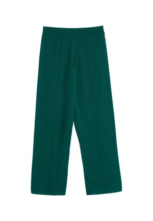 Pantaloni larghi verdi realizzati in tessuto morbido, presentano un elastico in vita e due dettagli con cuciture verticali sul davanti.