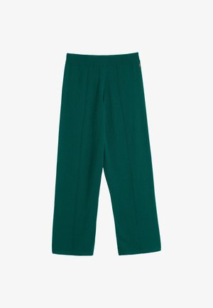 Pantaloni larghi verdi realizzati in tessuto morbido, presentano un elastico in vita e due dettagli con cuciture verticali sul davanti.