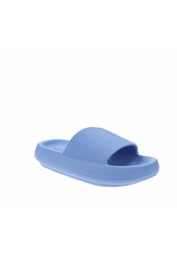 Infradito blu chiaro con una fascia testurizzata, forma arrotondata, suola piatta e interno liscio. Realizzato in materiale plastico flessibile.