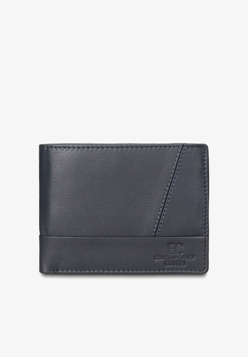 Portafoglio in pelle blu scuro con una texture liscia, caratterizzato da un design diagonale sulla parte anteriore e dal logo del marchio in rilievo nella parte inferiore.