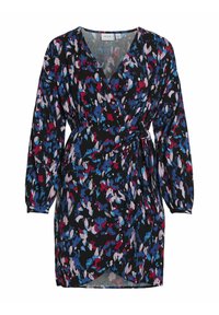 Vestido corto tipo wrap en tejido ligero, con una base negra y patrones abstractos en azul, rosa y rojo. Mangas largas y detalle de cinturilla con lazo.
