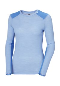 Camisa de manga larga azul claro con cuerpo texturizado y acentos en azul sólido en los hombros. Presenta un escote redondo y un diseño ajustado.