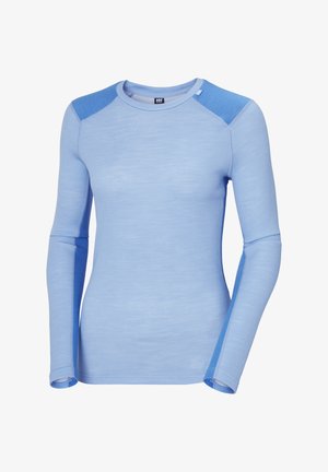 Light blue long-sleeve shirt with textured body and solid blue shoulder accents. Features a round neckline and fitted design.