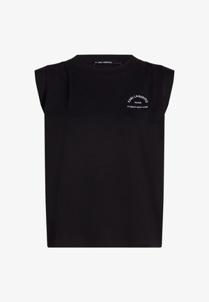 Czarny top bez rękawów z wyściełanymi ramionami, okrągłym dekoltem i białym napisem "Karl Lagerfeld Paris 21 Rue St-Guillaume" na lewej piersi.