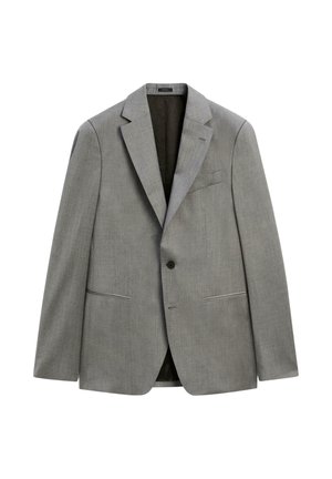 Blazer grigio con design strutturato, revers a lancia, chiusura con un solo bottone e due tasche frontali. Realizzato in tessuto strutturato.