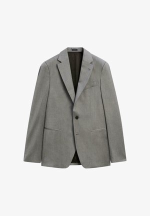 Blazer grigio con design strutturato, revers a lancia, chiusura con un solo bottone e due tasche frontali. Realizzato in tessuto strutturato.