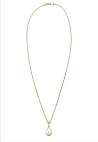 Goldene Kettenhalskette mit einem Tropfenanhänger und einem Perlenmittelstück. Die Kette ist strukturiert und glatt, mit einem klassischen Design.