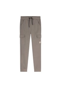 Szare spodnie cargo z elastycznym pasem na sznurku, bocznymi kieszeniami i dwiema dużymi kieszeniami cargo. Miękki materiał o gładkiej fakturze.