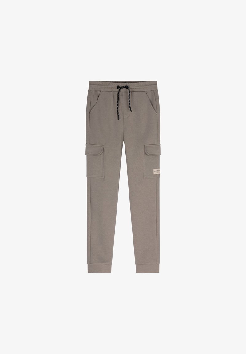 Szare spodnie cargo z elastycznym pasem na sznurku, bocznymi kieszeniami i dwiema dużymi kieszeniami cargo. Miękki materiał o gładkiej fakturze.