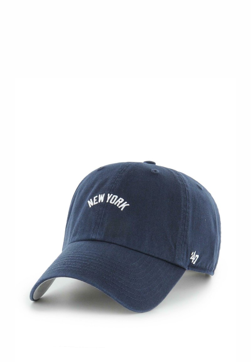 Navy cotton baseball cap with a curved brim, featuring "NEW YORK" in white embroidery on the front and a small logo on the side.