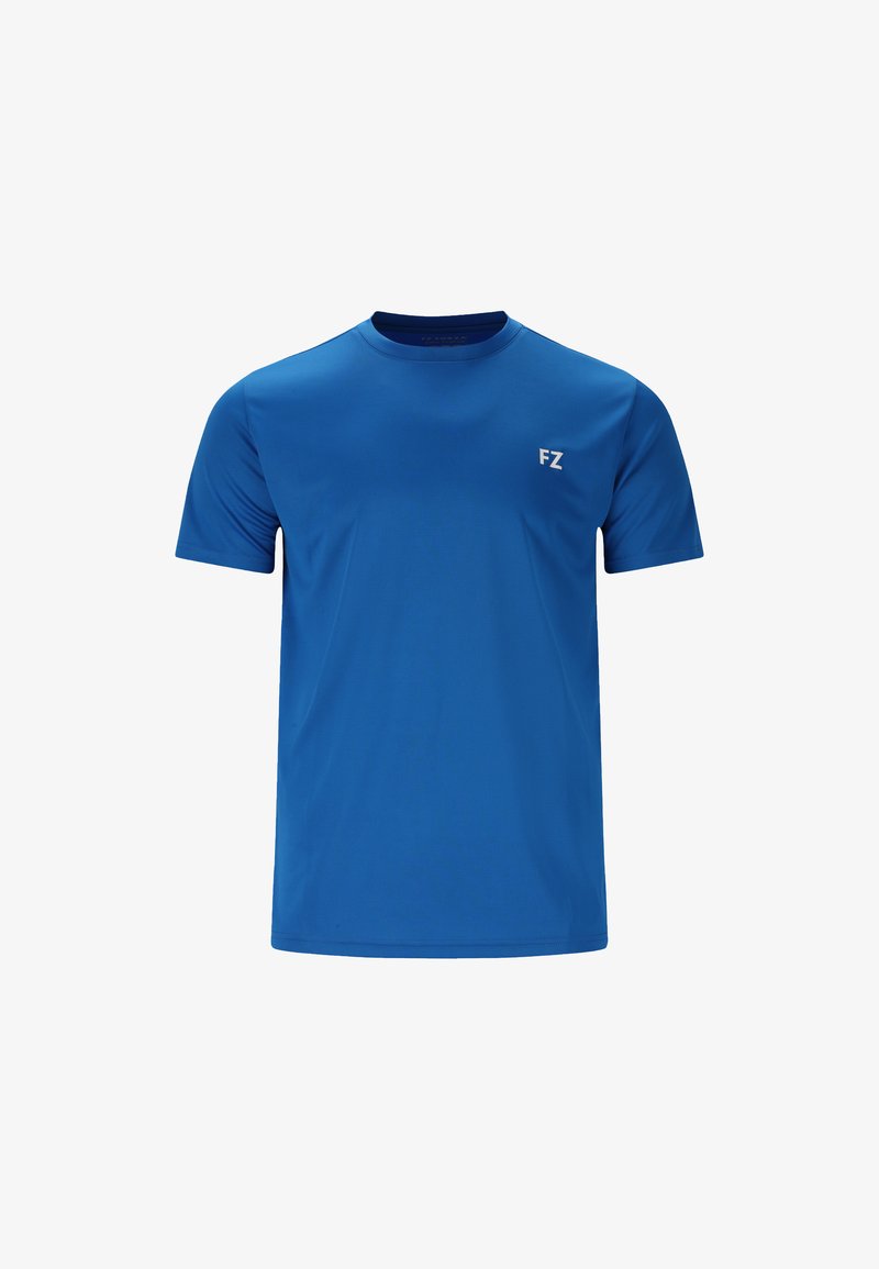 Blå kortærmet T-shirt lavet af glat, letvægtsstof. Har en rund halsudskæring og et lille hvidt "FZ" logo på venstre bryst.