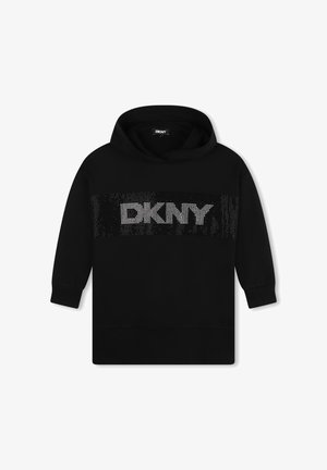 Sudadera con capucha negra, fabricada en un tejido suave, que presenta un atrevido logo de DKNY en piedras preciosas plateadas en el pecho. Puños y dobladillo acanalados.