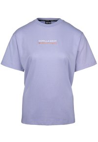Lavender cotton t-shirt with short sleeves, round neckline, and dual-text logo "GORILLA WEAR" in white and orange embroidery on the front.