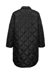 Μαύρο μακρυμάνικο παλτό με ραφές σε σχήμα διαμαντιού, γιακά και καμπυλωτό τελείωμα, εμφανίζεται από πίσω.