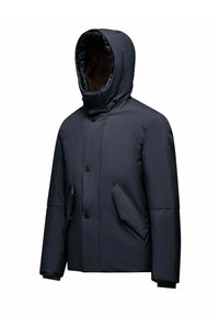 Giubbotto imbottito blu marina con cappuccio, caratterizzato da un esterno liscio, chiusure a bottone, due tasche frontali e fodera interna marrone texturizzata visibile.