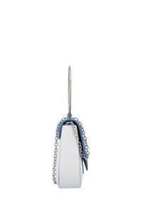 Compact handbag in white leather with blue accents, silver chain hardware, and a unique circular handle. Textured finish and structured shape.