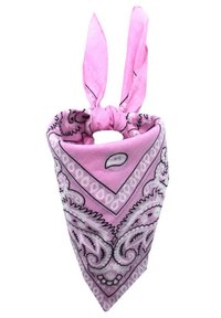 Bandana rose avec un motif paisley, présentant des contours noirs et un tissu texturé. Noué en haut, créant deux extrémités pointues.
