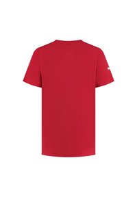 Czerwona, krótko rękawowa koszulka z bawełnianej tkaniny. Klasyczny krój z okrągłym dekoltem, bez wzorów. Posiada małe białe logo na lewym rękawie.