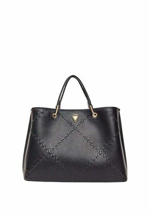 Borsa a mano nera in pelle con cuciture trapuntate a forma di diamante, ferrature color oro e doppi manici.