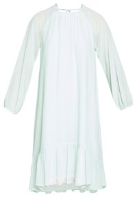 Robe vert menthe clair avec de longues manches bouffantes, un décolleté froncé et un ourlet à volants ; faite d'un tissu doux et fluide.