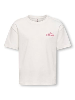 Hvid t-shirt med korte ærmer og rund hals, med lille pink tekst "Soft Ice CREAM" på venstre bryst.
