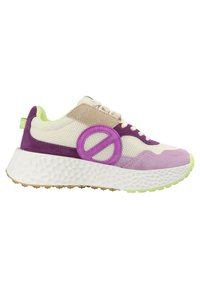 Sport sneakers featuring a beige mesh upper with purple and lavender suede accents, a thick white textured sole, and lime green details.