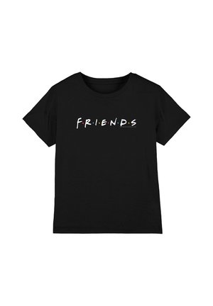 Black short-sleeve T-shirt with the word FRIENDS in white letters spaced with red, yellow, and blue dots across the chest.