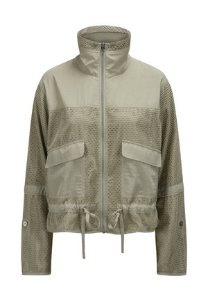 Hellbeige Netzjacke mit hohem Kragen, Frontreißverschluss, zwei Klappentaschen und verstellbaren Kordelzügen an der Taille.