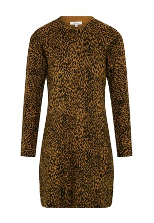 Leopard print dress in brown and black, featuring a round neckline, long sleeves, and a fitted silhouette made from soft, textured fabric.