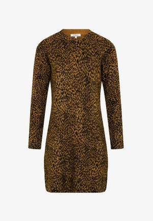 Leopardprint jurk in bruin en zwart, met een ronde halslijn, lange mouwen en een aansluitende silhouette gemaakt van zachte, gestructureerde stof.