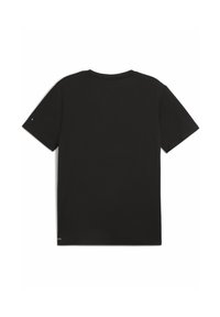Camiseta negra de manga corta con cuello redondo, hecha de una tela suave. Presenta un pequeño logo en la esquina superior izquierda y un dobladillo recto.