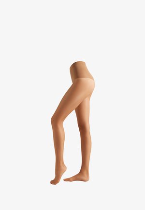 Medias transparentes en un tejido suave y bronceado, diseño de tiro alto y silueta ajustada, con detalles minimalistas y una banda opaca.
