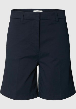 Shorts simples bleu marine foncé pour hommes avec passants de ceinture, une fermeture éclair à l'avant et une coupe ajustée.