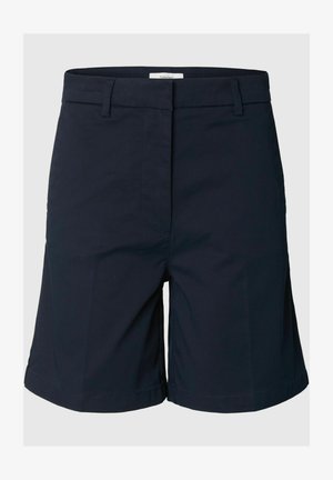 Meeste tume meresinised lihtsad lühikesed püksid vööaasadega, esikinnitusega ja istuva lõikega.