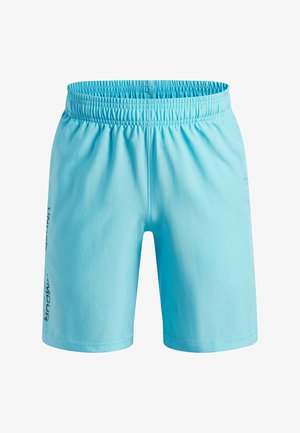 Shorts de sport bleu clair avec ceinture élastique et logo Under Armour vertical noir sur la jambe gauche, présenté de face sur fond blanc.