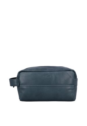 Dunkelgraue rechteckige Leder-Kosmetiktasche mit seitlichem Griff und dezentem, geprägtem Logo auf der Vorderseite.