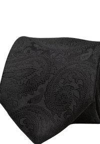 Svart slips med ett intrikat, texturerat paisleymönster. Tillverkad av en slät tyg med subtil lyster, som framhäver den detaljerade designen.