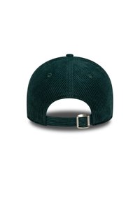 Dark green corduroy cap featuring a curved back and adjustable strap with a metallic buckle. Textured stripes run vertically.