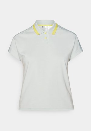Polo shirt in lichtgrijs met een gele kraag. Het heeft korte mouwen en een geknoopte sluiting. Zacht, glad materiaal zonder patronen.
