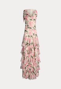 Floral maxi dress with a cowl neckline, pink and green patterns, layered ruffles, and adjustable tie straps. Made of lightweight fabric.