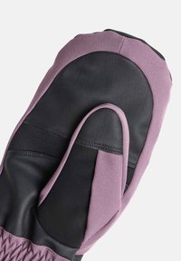 Purple and black winter mitten with reinforced black leather palm and thumb, elastic wrist band, isolated on white background.