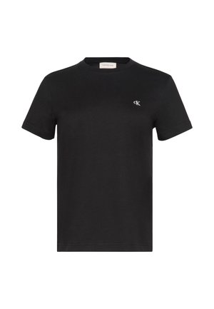 Tricou negru din bumbac, cu decolteu rotund, mâneci scurte și un mic logo alb pe partea stângă a pieptului. Textură netedă, croială standard.