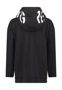 Sweat à capuche noir à manches longues, avec un logo blanc sur la capuche. Confectionné en tissu lisse, il offre une coupe décontractée et des poignets côtelés.