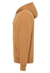 Brown sweatshirt with a hood, featuring a front pocket, ribbed cuffs, and hem, made from soft fabric. Side view showcases its shape.