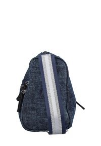 Denim shoulder bag with a rounded shape, featuring a grey and navy striped strap, silver zipper, and black leather accent.