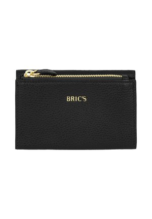 Portefeuille en cuir texturé noir avec fermeture éclair dorée et logo BRIC'S embossé en or au centre avant.