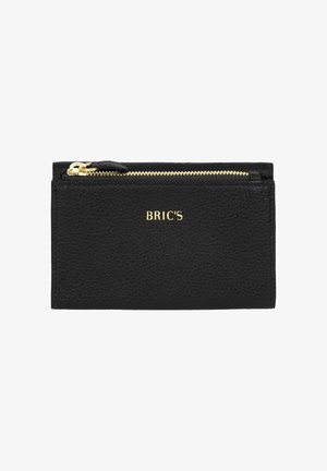 Portefeuille en cuir texturé noir avec fermeture éclair dorée et logo BRIC'S embossé en or au centre avant.