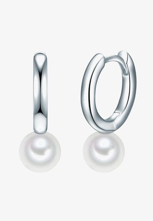 Sidabro auskarai su blizgiu paviršiumi, kiekviename auskare esantis didelis apvalus perlų pakabukas. Lygi, poliruota tekstūra.